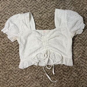 ROMWE White Lace-Up Eyelet Crop Top